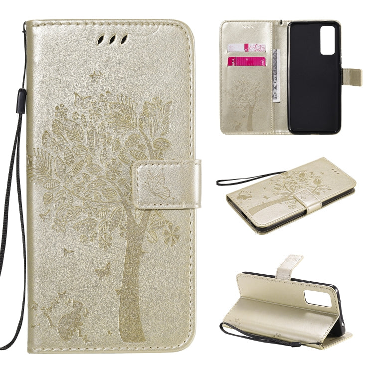 Tree & Cat Embossed Pattern Horizontal Flip Leather Case with Holder & Card Slots & Wallet & Lanyard – Lanyard, Card Slot, Flip, For Huawei Honor 30 Pro, For Huawei Honor 30 For Huawei Honor 30 Gold