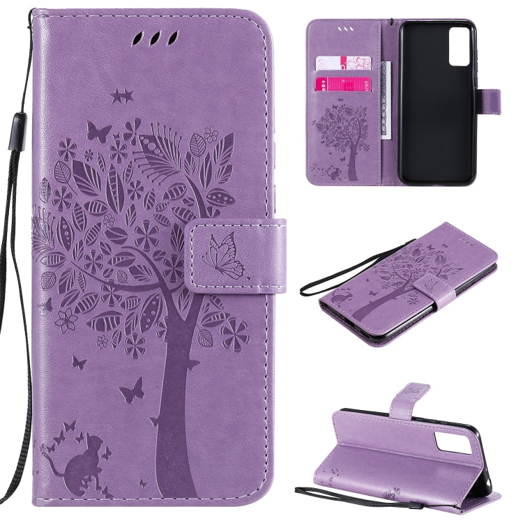 Tree & Cat Embossed Pattern Horizontal Flip Leather Case with Holder & Card Slots & Wallet & Lanyard – Lanyard, Card Slot, Flip, For Huawei Honor Play4T Pro, For Nokia 1.3 For Huawei Honor Play4T Pro Light Purple