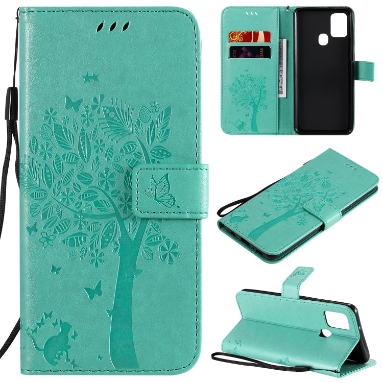 Tree & Cat Embossed Pattern Horizontal Flip Leather Case with Holder & Card Slots & Wallet & Lanyard – Lanyard, Card Slot, Flip, For Nokia 2.3, For Samsung Galaxy A21s For Samsung Galaxy A21s Green