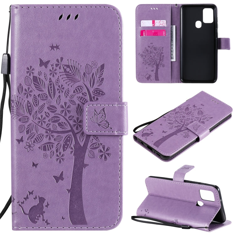 Tree & Cat Embossed Pattern Horizontal Flip Leather Case with Holder & Card Slots & Wallet & Lanyard – Lanyard, Card Slot, Flip, For Nokia 2.3, For Samsung Galaxy A21s For Samsung Galaxy A21s Light Purple