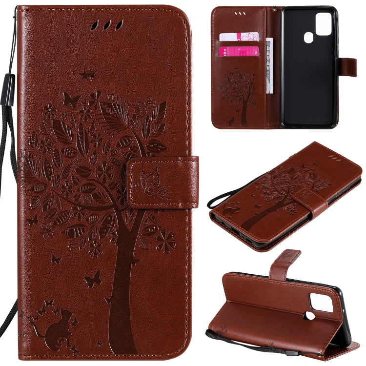 Tree & Cat Embossed Pattern Horizontal Flip Leather Case with Holder & Card Slots & Wallet & Lanyard – Lanyard, Card Slot, Flip, For Nokia 2.3, For Samsung Galaxy A21s For Samsung Galaxy A21s Coffee