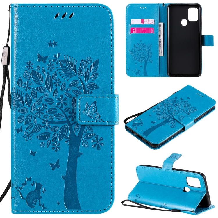 Tree & Cat Embossed Pattern Horizontal Flip Leather Case with Holder & Card Slots & Wallet & Lanyard – Lanyard, Card Slot, Flip, For Nokia 2.3, For Samsung Galaxy A21s For Samsung Galaxy A21s Blue