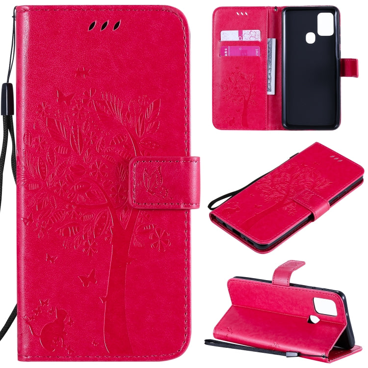 Tree & Cat Embossed Pattern Horizontal Flip Leather Case with Holder & Card Slots & Wallet & Lanyard – Lanyard, Card Slot, Flip, For Nokia 2.3, For Samsung Galaxy A21s For Samsung Galaxy A21s Rose Red