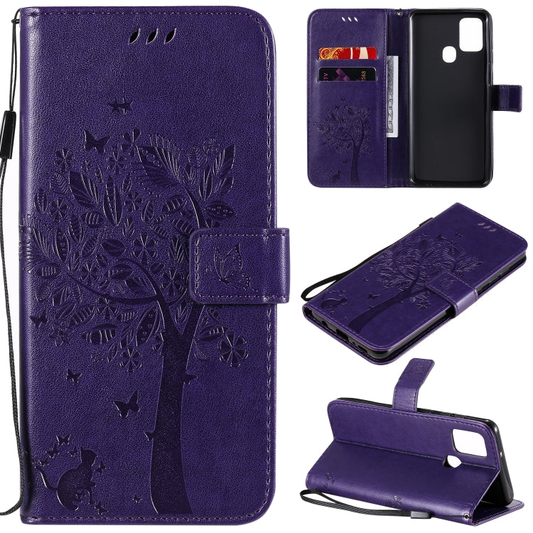 Tree & Cat Embossed Pattern Horizontal Flip Leather Case with Holder & Card Slots & Wallet & Lanyard – Lanyard, Card Slot, Flip, For Nokia 2.3, For Samsung Galaxy A21s For Samsung Galaxy A21s Purple
