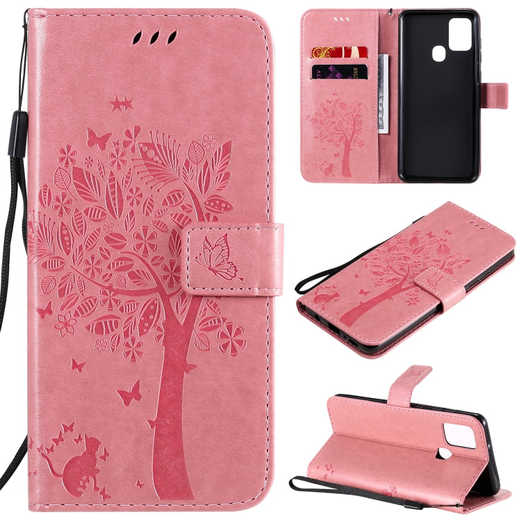 Tree & Cat Embossed Pattern Horizontal Flip Leather Case with Holder & Card Slots & Wallet & Lanyard – Lanyard, Card Slot, Flip, For Nokia 2.3, For Samsung Galaxy A21s For Samsung Galaxy A21s Pink