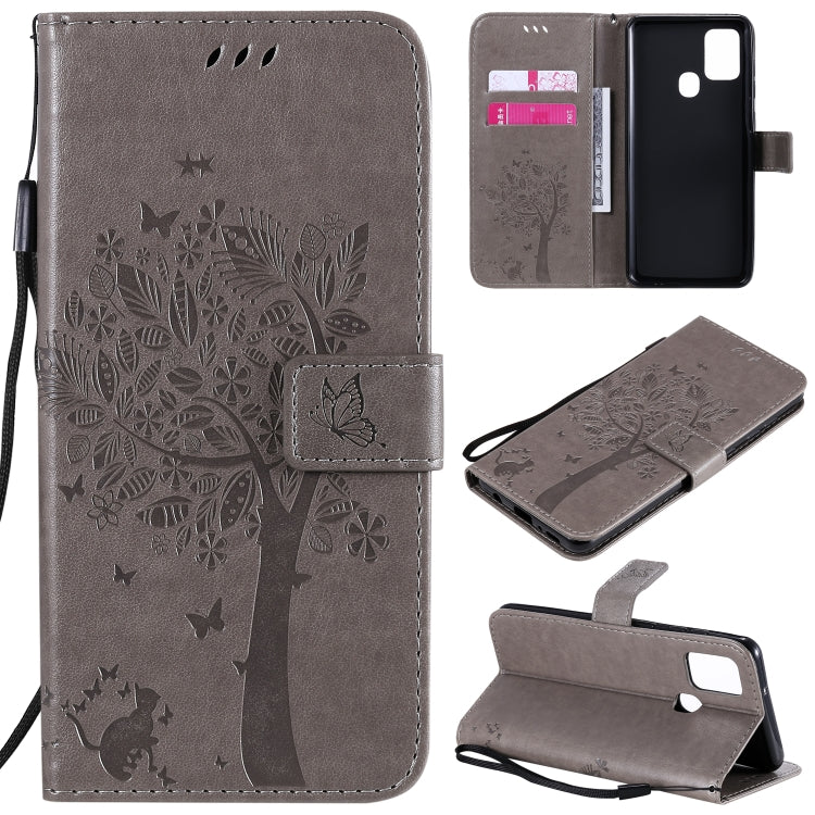 Tree & Cat Embossed Pattern Horizontal Flip Leather Case with Holder & Card Slots & Wallet & Lanyard – Lanyard, Card Slot, Flip, For Nokia 2.3, For Samsung Galaxy A21s For Samsung Galaxy A21s Grey