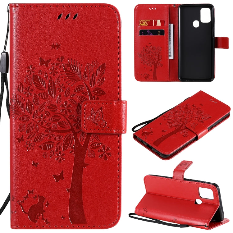 Tree & Cat Embossed Pattern Horizontal Flip Leather Case with Holder & Card Slots & Wallet & Lanyard – Lanyard, Card Slot, Flip, For Nokia 2.3, For Samsung Galaxy A21s For Samsung Galaxy A21s Red