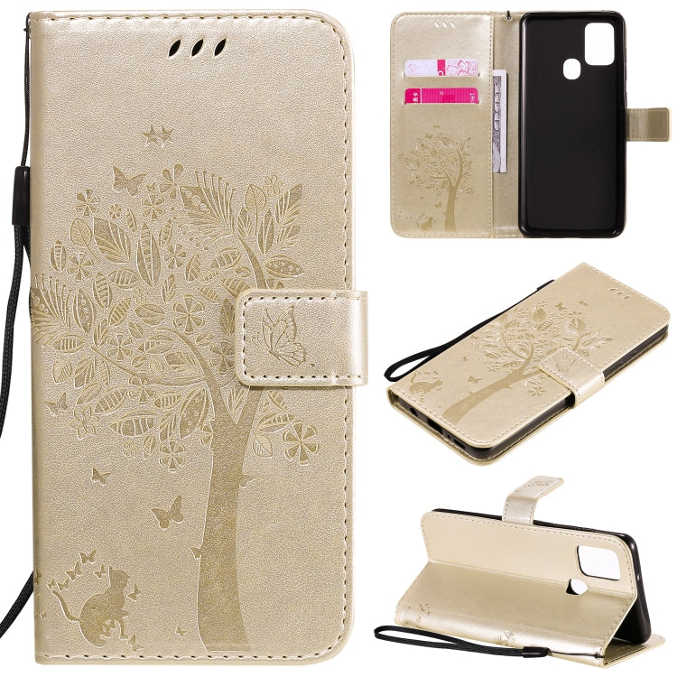 Tree & Cat Embossed Pattern Horizontal Flip Leather Case with Holder & Card Slots & Wallet & Lanyard – Lanyard, Card Slot, Flip, For Nokia 2.3, For Samsung Galaxy A21s For Samsung Galaxy A21s Gold