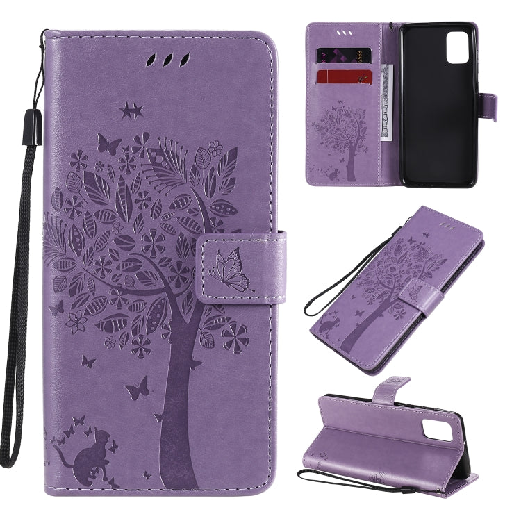 Tree & Cat Embossed Pattern Horizontal Flip Leather Case with Holder & Card Slots & Wallet & Lanyard – Lanyard, Card Slot, Flip, For Samsung Galaxy A31, For Samsung Galaxy A41 For Samsung Galaxy A31 Light Purple