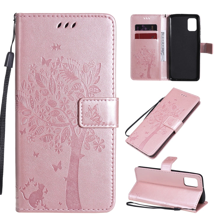 Tree & Cat Embossed Pattern Horizontal Flip Leather Case with Holder & Card Slots & Wallet & Lanyard – Lanyard, Card Slot, Flip, For Samsung Galaxy A31, For Samsung Galaxy A41 For Samsung Galaxy A31 Rose Gold