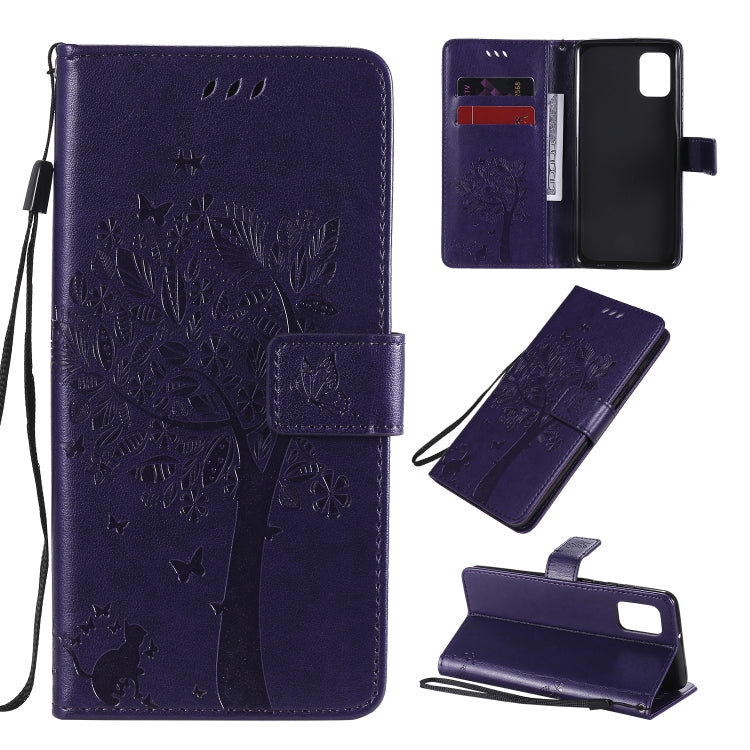 Tree & Cat Embossed Pattern Horizontal Flip Leather Case with Holder & Card Slots & Wallet & Lanyard – Lanyard, Card Slot, Flip, For Samsung Galaxy A31, For Samsung Galaxy A41 For Samsung Galaxy A31 Purple
