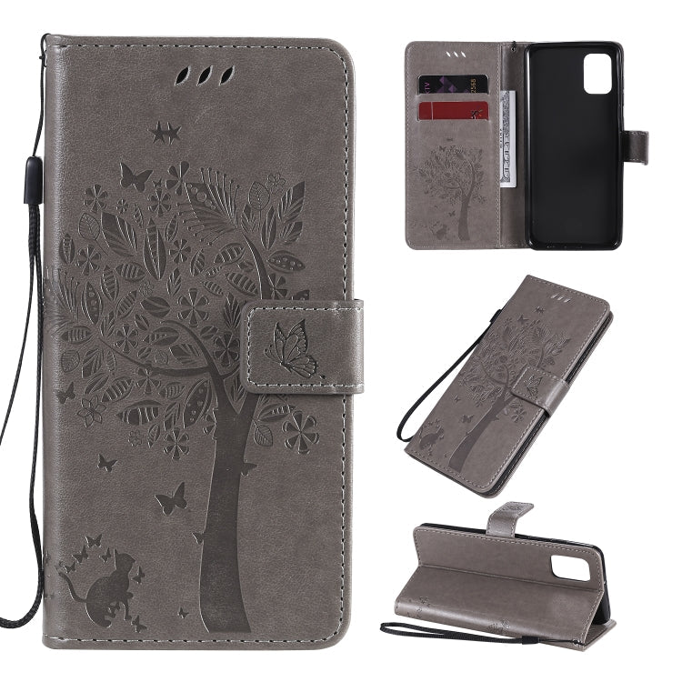 Tree & Cat Embossed Pattern Horizontal Flip Leather Case with Holder & Card Slots & Wallet & Lanyard – Lanyard, Card Slot, Flip, For Samsung Galaxy A31, For Samsung Galaxy A41 For Samsung Galaxy A31 Grey