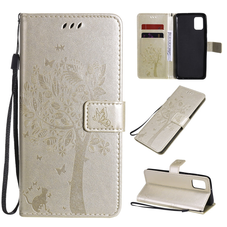 Tree & Cat Embossed Pattern Horizontal Flip Leather Case with Holder & Card Slots & Wallet & Lanyard – Lanyard, Card Slot, Flip, For Samsung Galaxy A31, For Samsung Galaxy A41 For Samsung Galaxy A31 Gold