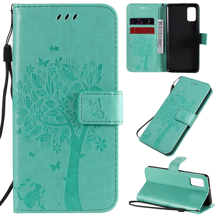 Tree & Cat Embossed Pattern Horizontal Flip Leather Case with Holder & Card Slots & Wallet & Lanyard – Lanyard, Card Slot, Flip, For Samsung Galaxy A31, For Samsung Galaxy A41 For Samsung Galaxy A41 Green