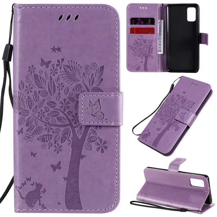 Tree & Cat Embossed Pattern Horizontal Flip Leather Case with Holder & Card Slots & Wallet & Lanyard – Lanyard, Card Slot, Flip, For Samsung Galaxy A31, For Samsung Galaxy A41 For Samsung Galaxy A41 Light Purple