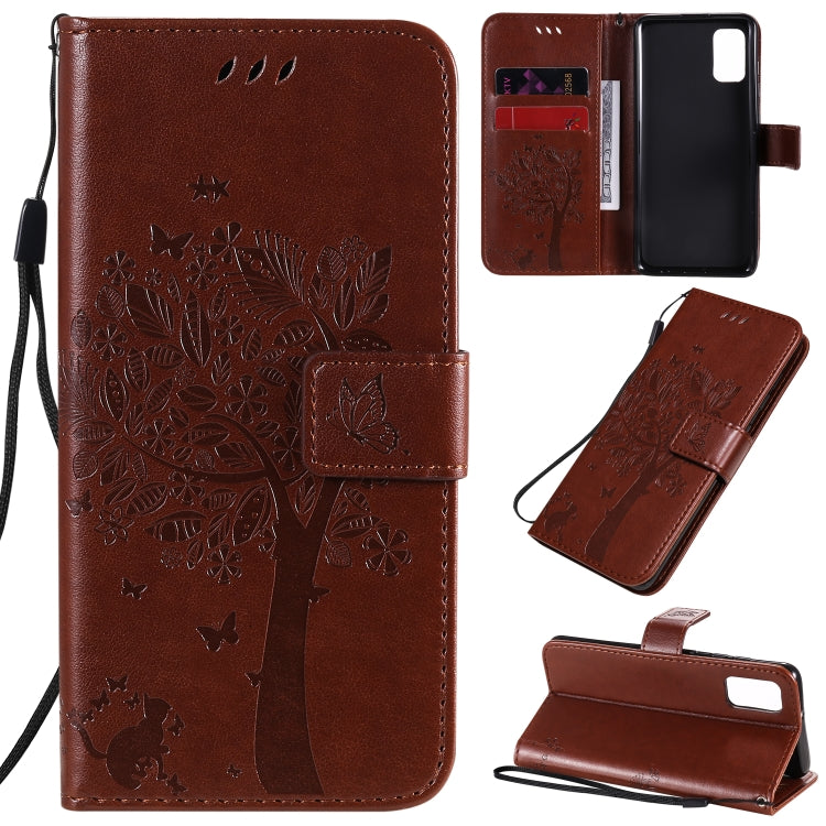 Tree & Cat Embossed Pattern Horizontal Flip Leather Case with Holder & Card Slots & Wallet & Lanyard – Lanyard, Card Slot, Flip, For Samsung Galaxy A31, For Samsung Galaxy A41 For Samsung Galaxy A41 Coffee