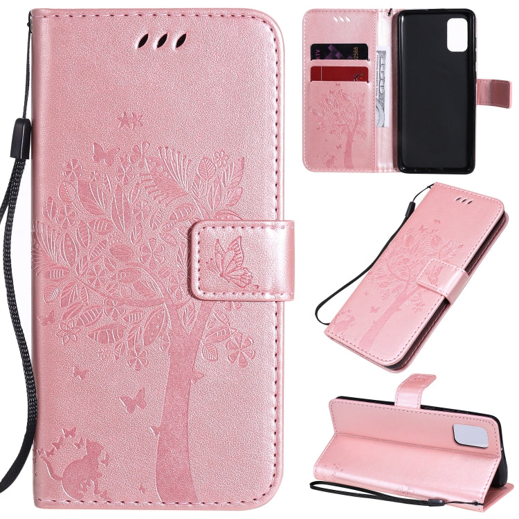 Tree & Cat Embossed Pattern Horizontal Flip Leather Case with Holder & Card Slots & Wallet & Lanyard – Lanyard, Card Slot, Flip, For Samsung Galaxy A31, For Samsung Galaxy A41 For Samsung Galaxy A41 Rose Gold