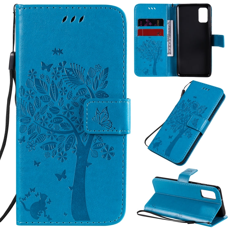 Tree & Cat Embossed Pattern Horizontal Flip Leather Case with Holder & Card Slots & Wallet & Lanyard – Lanyard, Card Slot, Flip, For Samsung Galaxy A31, For Samsung Galaxy A41 For Samsung Galaxy A41 Blue