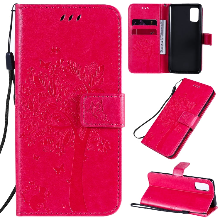 Tree & Cat Embossed Pattern Horizontal Flip Leather Case with Holder & Card Slots & Wallet & Lanyard – Lanyard, Card Slot, Flip, For Samsung Galaxy A31, For Samsung Galaxy A41 For Samsung Galaxy A41 Rose Red