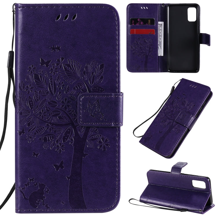 Tree & Cat Embossed Pattern Horizontal Flip Leather Case with Holder & Card Slots & Wallet & Lanyard – Lanyard, Card Slot, Flip, For Samsung Galaxy A31, For Samsung Galaxy A41 For Samsung Galaxy A41 Purple