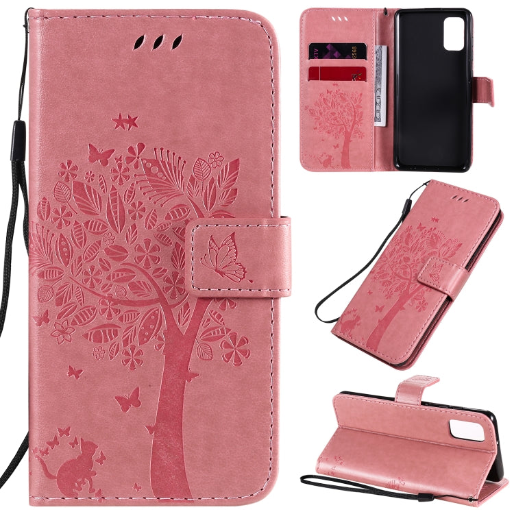 Tree & Cat Embossed Pattern Horizontal Flip Leather Case with Holder & Card Slots & Wallet & Lanyard – Lanyard, Card Slot, Flip, For Samsung Galaxy A31, For Samsung Galaxy A41 For Samsung Galaxy A41 Pink