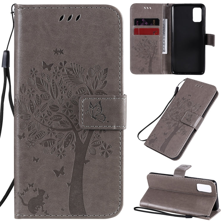 Tree & Cat Embossed Pattern Horizontal Flip Leather Case with Holder & Card Slots & Wallet & Lanyard – Lanyard, Card Slot, Flip, For Samsung Galaxy A31, For Samsung Galaxy A41 For Samsung Galaxy A41 Grey