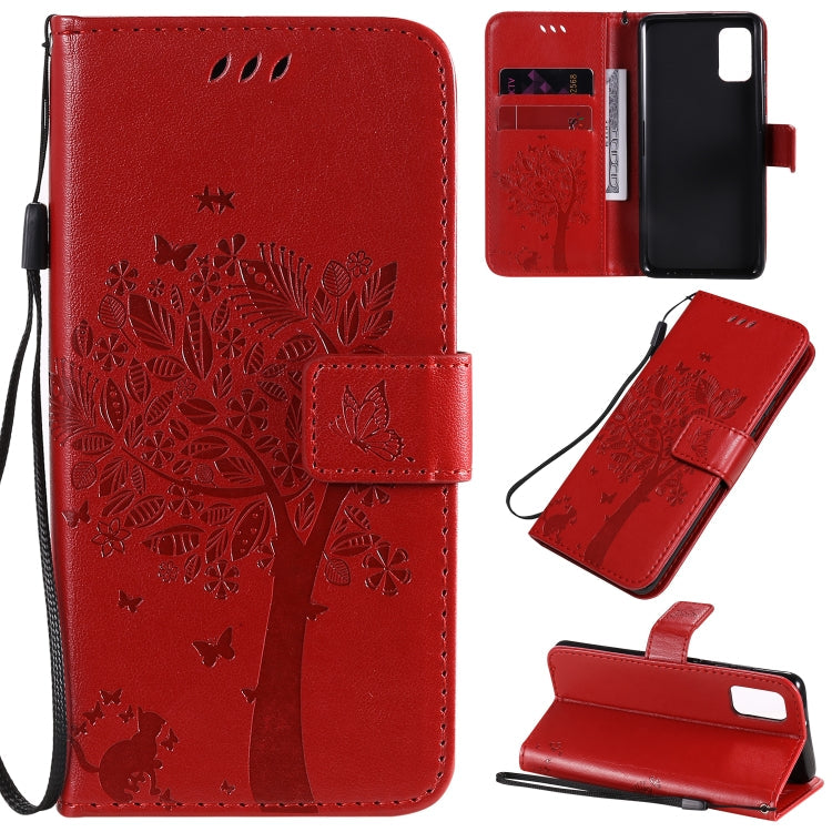 Tree & Cat Embossed Pattern Horizontal Flip Leather Case with Holder & Card Slots & Wallet & Lanyard – Lanyard, Card Slot, Flip, For Samsung Galaxy A31, For Samsung Galaxy A41 For Samsung Galaxy A41 Red