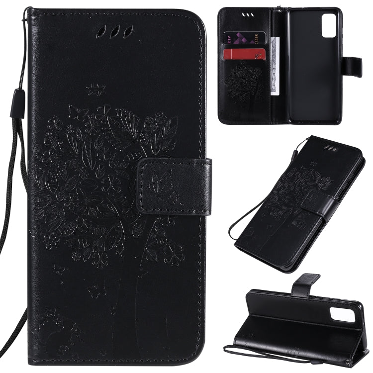 Tree & Cat Embossed Pattern Horizontal Flip Leather Case with Holder & Card Slots & Wallet & Lanyard – Lanyard, Card Slot, Flip, For Samsung Galaxy A31, For Samsung Galaxy A41 For Samsung Galaxy A41 Black