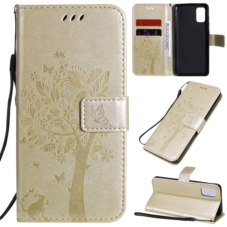 Tree & Cat Embossed Pattern Horizontal Flip Leather Case with Holder & Card Slots & Wallet & Lanyard – Lanyard, Card Slot, Flip, For Samsung Galaxy A31, For Samsung Galaxy A41 For Samsung Galaxy A41 Gold