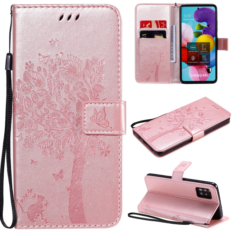 Tree & Cat Embossed Pattern Horizontal Flip Leather Case with Holder & Card Slots & Wallet & Lanyard – Lanyard, Card Slot, Flip, For Samsung Galaxy A51 5G, For Samsung Galaxy A71 5G For Samsung Galaxy A51 5G Rose Gold
