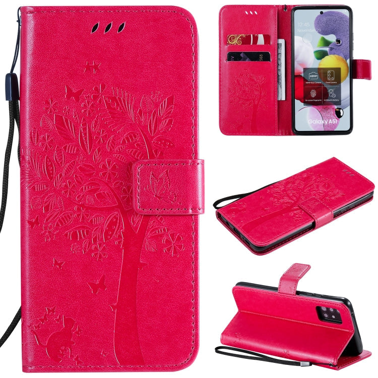 Tree & Cat Embossed Pattern Horizontal Flip Leather Case with Holder & Card Slots & Wallet & Lanyard – Lanyard, Card Slot, Flip, For Samsung Galaxy A51 5G, For Samsung Galaxy A71 5G For Samsung Galaxy A51 5G Rose Red