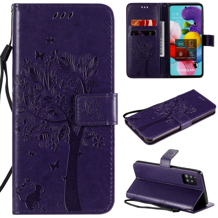 Tree & Cat Embossed Pattern Horizontal Flip Leather Case with Holder & Card Slots & Wallet & Lanyard – Lanyard, Card Slot, Flip, For Samsung Galaxy A51 5G, For Samsung Galaxy A71 5G For Samsung Galaxy A51 5G Purple