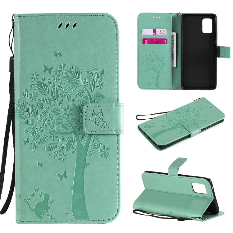 Tree & Cat Embossed Pattern Horizontal Flip Leather Case with Holder & Card Slots & Wallet & Lanyard – Lanyard, Card Slot, Flip, For Samsung Galaxy A51 5G, For Samsung Galaxy A71 5G For Samsung Galaxy A71 5G Green