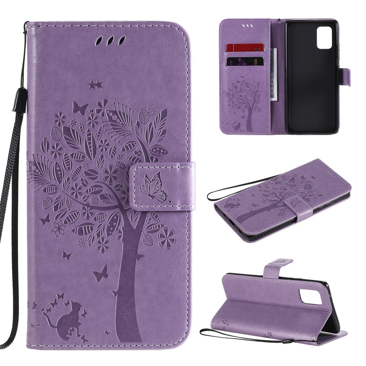 Tree & Cat Embossed Pattern Horizontal Flip Leather Case with Holder & Card Slots & Wallet & Lanyard – Lanyard, Card Slot, Flip, For Samsung Galaxy A51 5G, For Samsung Galaxy A71 5G For Samsung Galaxy A71 5G Light Purple