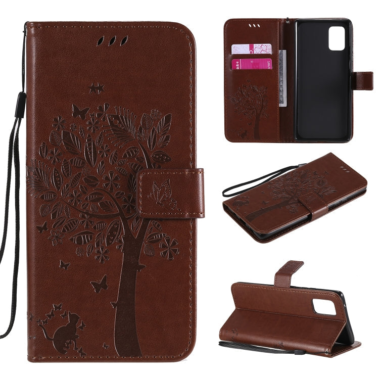 Tree & Cat Embossed Pattern Horizontal Flip Leather Case with Holder & Card Slots & Wallet & Lanyard – Lanyard, Card Slot, Flip, For Samsung Galaxy A51 5G, For Samsung Galaxy A71 5G For Samsung Galaxy A71 5G Coffee