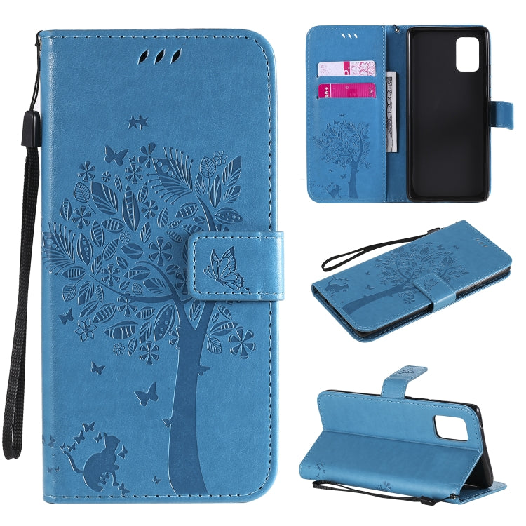 Tree & Cat Embossed Pattern Horizontal Flip Leather Case with Holder & Card Slots & Wallet & Lanyard – Lanyard, Card Slot, Flip, For Samsung Galaxy A51 5G, For Samsung Galaxy A71 5G For Samsung Galaxy A71 5G Blue