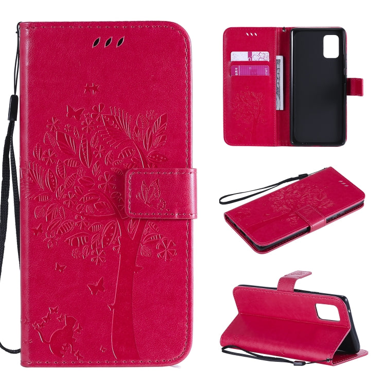Tree & Cat Embossed Pattern Horizontal Flip Leather Case with Holder & Card Slots & Wallet & Lanyard – Lanyard, Card Slot, Flip, For Samsung Galaxy A51 5G, For Samsung Galaxy A71 5G For Samsung Galaxy A71 5G Rose Red