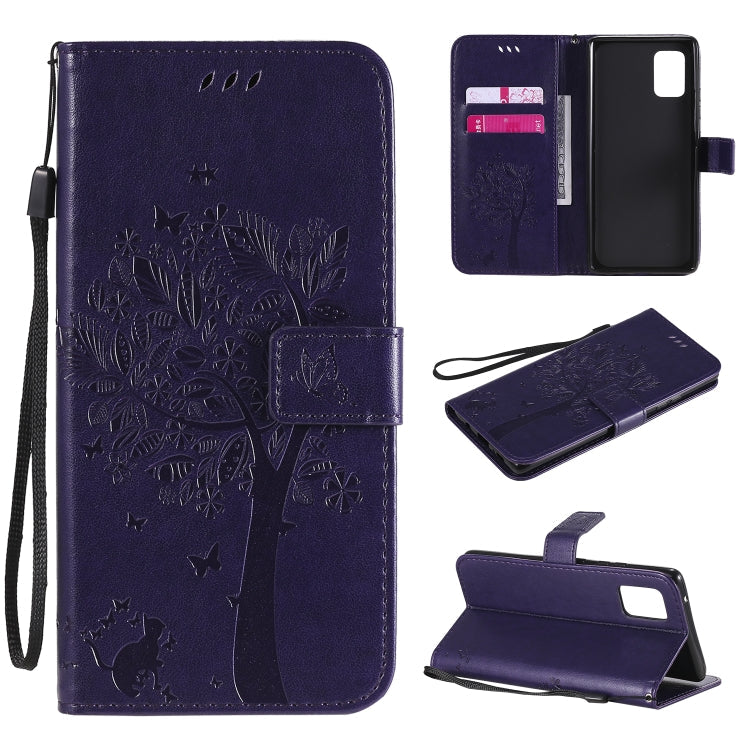 Tree & Cat Embossed Pattern Horizontal Flip Leather Case with Holder & Card Slots & Wallet & Lanyard – Lanyard, Card Slot, Flip, For Samsung Galaxy A51 5G, For Samsung Galaxy A71 5G For Samsung Galaxy A71 5G Purple