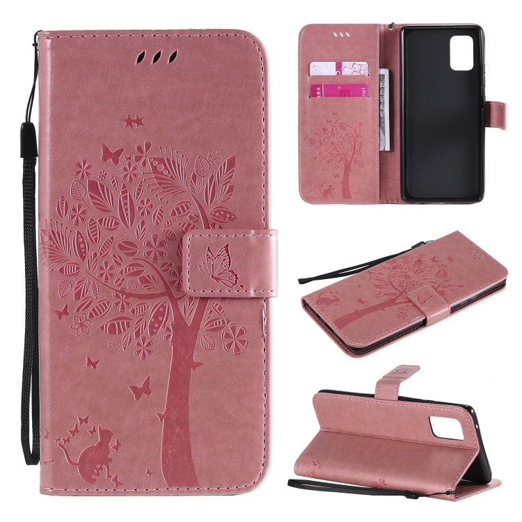 Tree & Cat Embossed Pattern Horizontal Flip Leather Case with Holder & Card Slots & Wallet & Lanyard – Lanyard, Card Slot, Flip, For Samsung Galaxy A51 5G, For Samsung Galaxy A71 5G For Samsung Galaxy A71 5G Pink