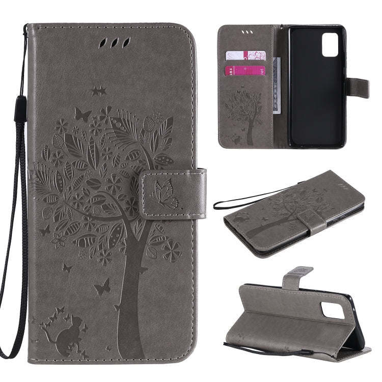 Tree & Cat Embossed Pattern Horizontal Flip Leather Case with Holder & Card Slots & Wallet & Lanyard – Lanyard, Card Slot, Flip, For Samsung Galaxy A51 5G, For Samsung Galaxy A71 5G For Samsung Galaxy A71 5G Grey