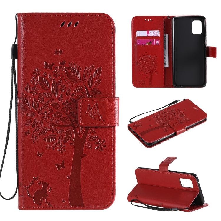Tree & Cat Embossed Pattern Horizontal Flip Leather Case with Holder & Card Slots & Wallet & Lanyard – Lanyard, Card Slot, Flip, For Samsung Galaxy A51 5G, For Samsung Galaxy A71 5G For Samsung Galaxy A71 5G Red