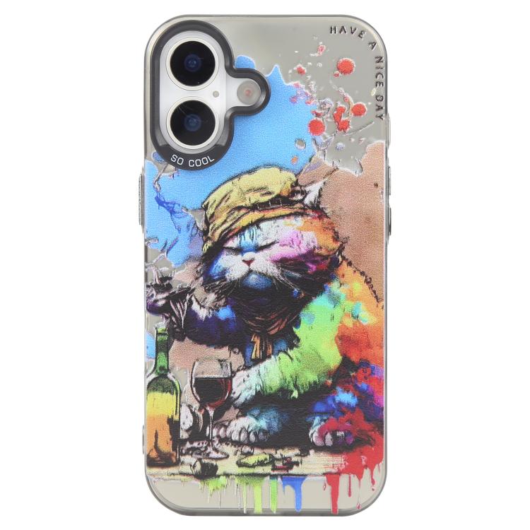Animal Pattern Oil Painting Series PC + TPU Phone Case – TPU, For iPhone 17 For iPhone 17 Drinking Cat