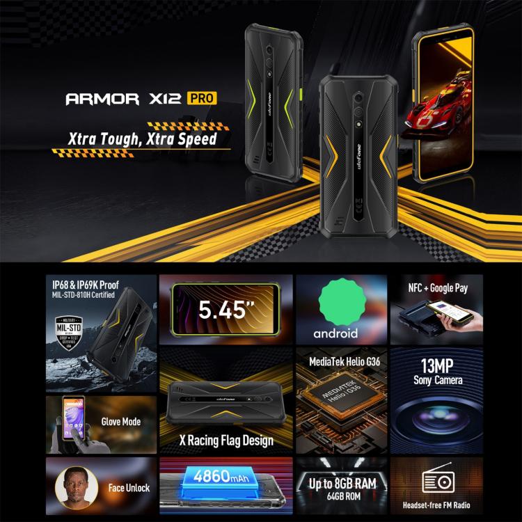 Ulefone Armor X12 Pro, IP68/IP69K Rugged Phone, 5.45 inch Android 15 MediaTek Helio G36 Octa Core, Network: 4G, NFC, 4GB+64GB – Shockproof, Waterproof, Lanyard