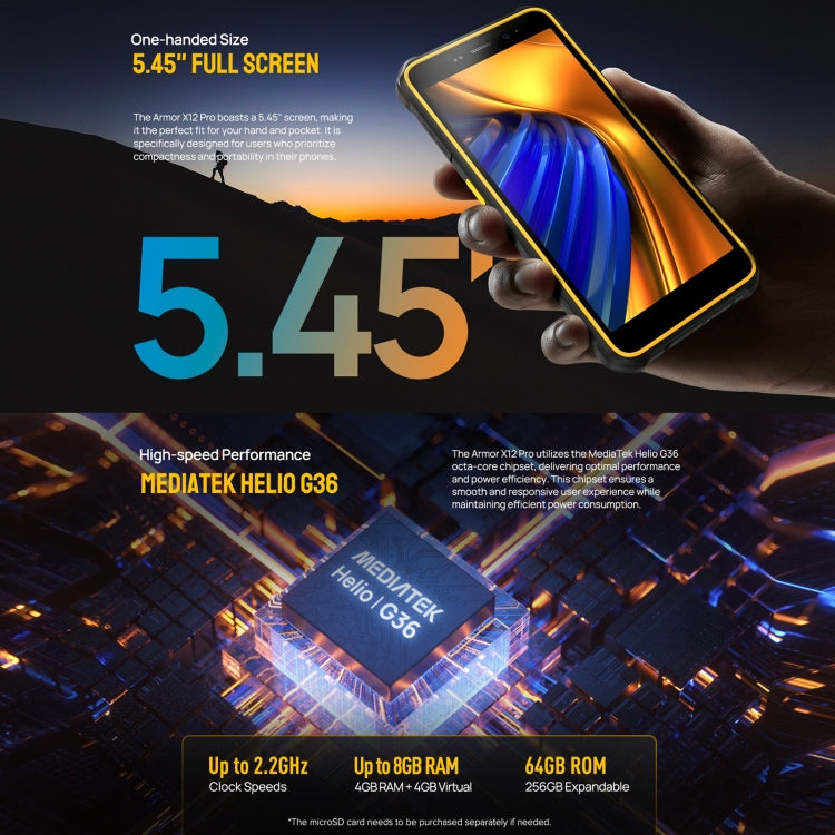 Ulefone Armor X12 Pro, IP68/IP69K Rugged Phone, 5.45 inch Android 15 MediaTek Helio G36 Octa Core, Network: 4G, NFC, 4GB+64GB – Shockproof, Waterproof, Lanyard