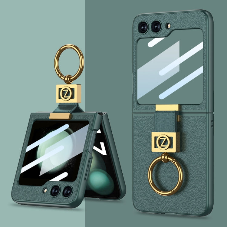 GKK Ultra-thin Z Ring Holder Leather Phone Case – Wear-resistant, Ring Holder, Leather, For Samsung Galaxy Z Flip5 For Samsung Galaxy Z Flip5 Green