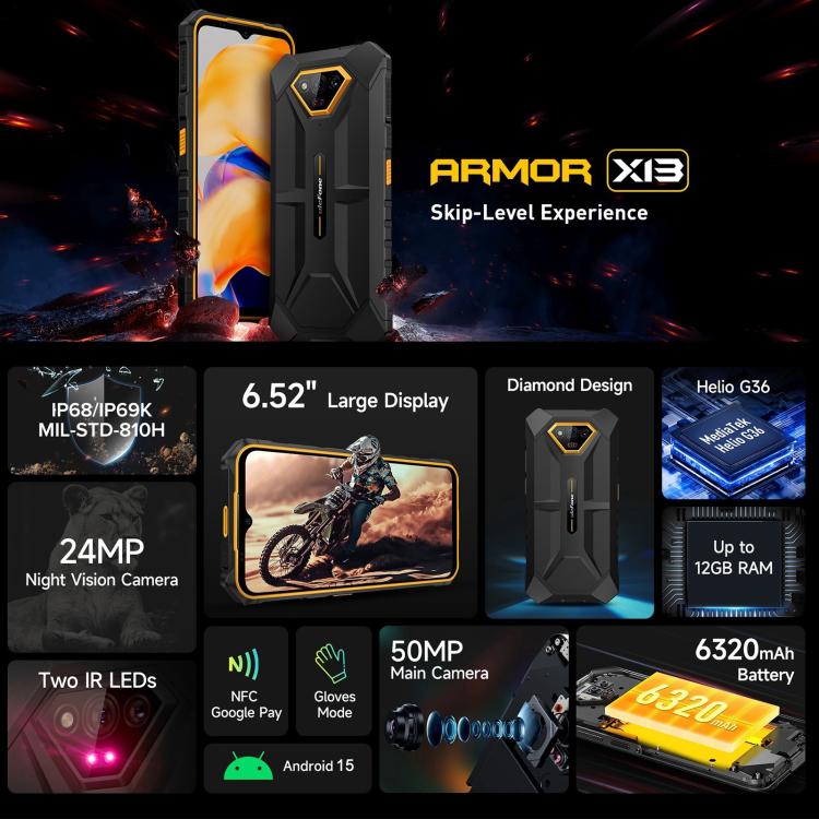 Ulefone Armor X13, IP68/IP69K Rugged Phone, 6.52 inch Android 15 MediaTek Helio G36 Octa Core, Network: 4G, NFC, OTG, 6GB+64GB – Lanyard, Magnetic, Card Slot