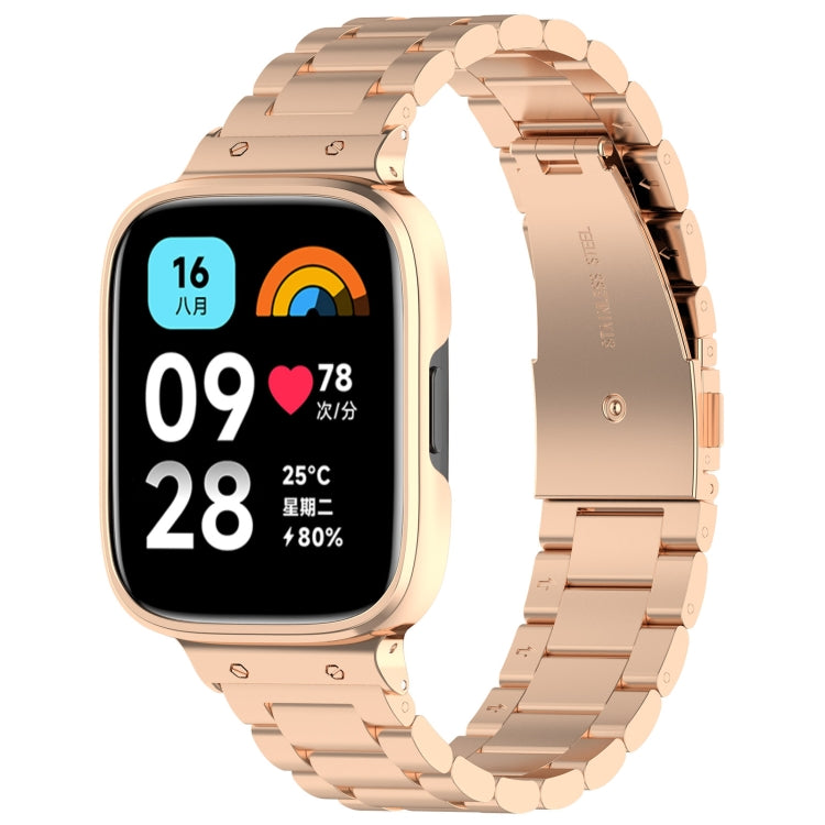2 in 1 Three-bead Metal Watch Band with Watch Frame, For Redmi Watch 3 Lite / Watch 3 Active For Redmi Watch 3 Lite Watch 3 Active Rose Gold