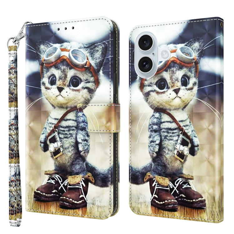 3D Painted Leather Phone Case, For iPhone 16 Plus, For iPhone 16 For iPhone 16 Plus Naughty Cat