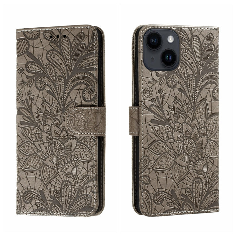 Lace Flower Embossing Flip Leather Phone Case, For iPhone 15 For iPhone 15 Grey