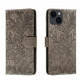 Lace Flower Embossing Flip Leather Phone Case, For iPhone 15 For iPhone 15 Grey